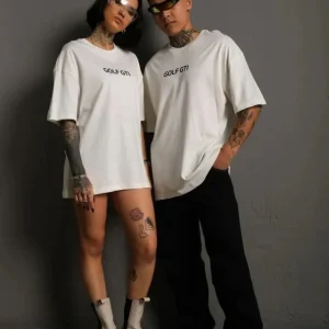 Erkek Oversize Baskılı Tişört – Golf GTI Retro Araba Desenli, Ön - Arka Dijital Baskı, Sokak Modası Stil - Beyaz