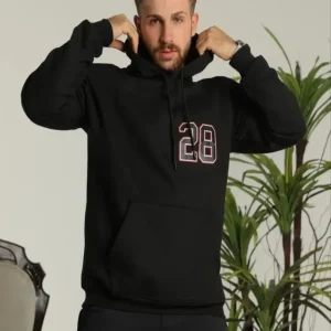 Erkek Oversize Üç İplik Kapüşonlu Sweatshirt –Sırt Ve Ön Baskılı, Kanguru Cepli, Rahat Kalıp Maskot Desenli Model - Siyah