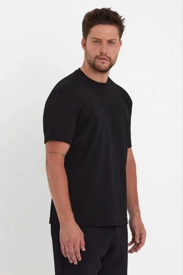 Erkek 24/1 Düz A Kalite Oversize T-shirt - Siyah - Görsel 4