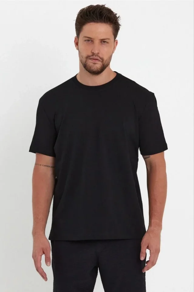 Erkek 24/1 Düz A Kalite Oversize T-shirt - Siyah - Görsel 3