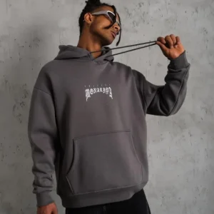 Erkek Baskılı Kapüşonlu Ve Kanguru Cepli Sweat- Gri