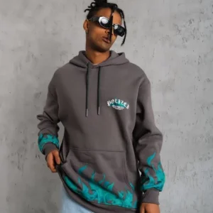 Alternative view of Erkek Üç İplik İçi Pamuklu Alev Baskılı Kapüşonlu Sweatshirt - Gri
