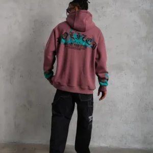 Alternative view of Erkek Üç İplik Içi Pamuklu Alev Baskılı Kapüşonlu Sweatshirt - Gül Kurusu