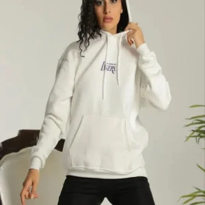 Alternative view of 24 Sırt Baskılı Ovresize Üç İplik Kapüşonlu Sweatshirt - Beyaz