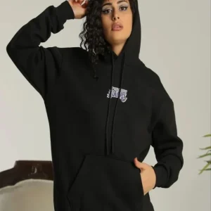 Alternative view of Baskılı Oversize Üç İplik Kapüşonlu Sweatshirt - Siyah