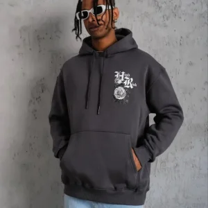 Erkek Baskılı Kapşonlu Sweat - Füme