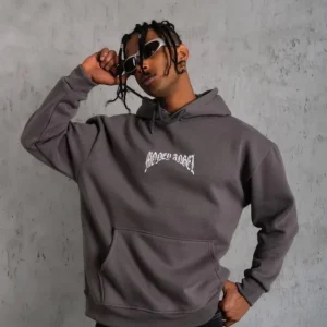 Erkek Kordon İpli Baskılı Kapüşonlu Sweatshirt - Füme