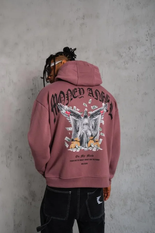 Erkek Kordon İpli Baskılı Kapüşonlu Sweatshirt - Gül Kurusu - Görsel 3