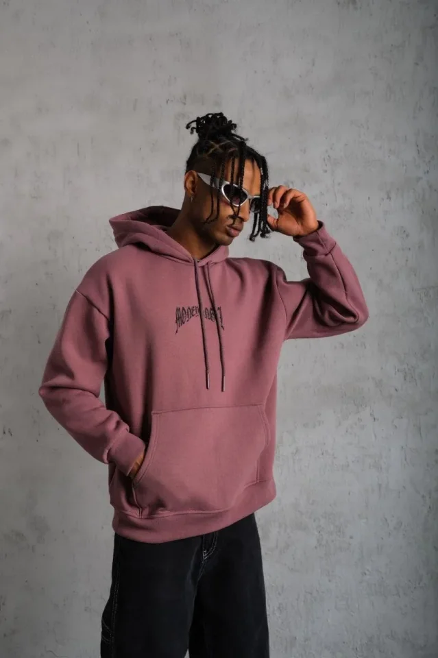 Erkek Kordon İpli Baskılı Kapüşonlu Sweatshirt - Gül Kurusu - Görsel 2