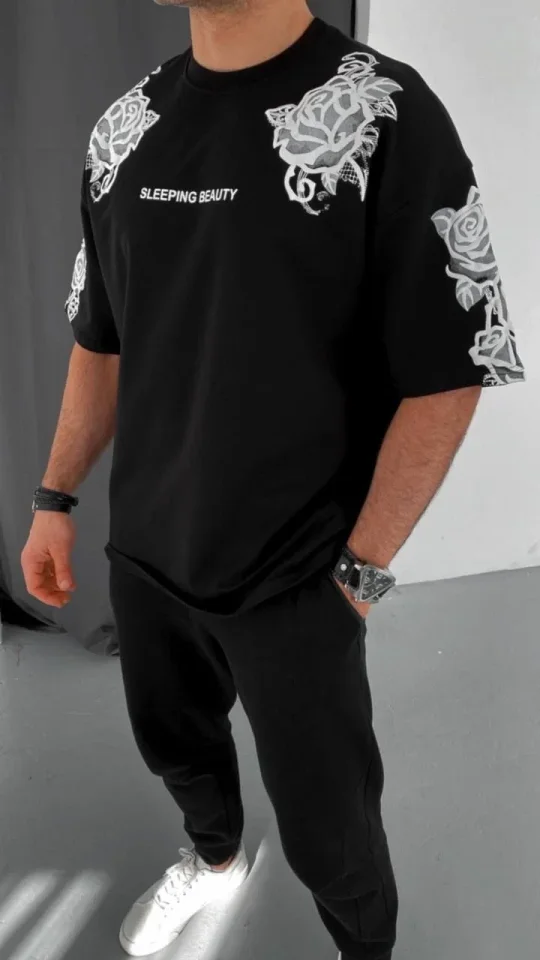 Unisex Flok Kabartma Baskılı T-Shirt - Siyah - Görsel 5