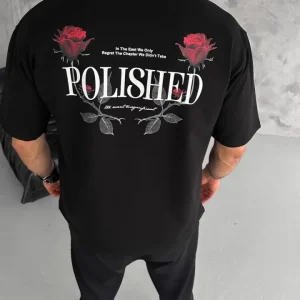Alternative view of Unisex Bisiklet Yaka Baskılı Oversize T-Shirt - Siyah