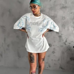 Alternative view of Unisex Bisiklet Yaka Baskılı Oversize T-Shirt - Beyaz