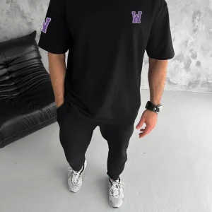 Unisex Bisiklet Yaka Baskılı Oversize T-Shirt - Siyah
