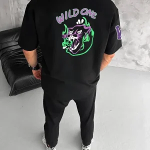 Alternative view of Unisex Bisiklet Yaka Baskılı Oversize T-Shirt - Siyah