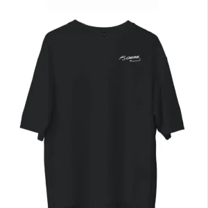 Unisex Bisiklet Yaka Baskılı Oversize T-Shirt - Siyah