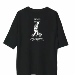 Alternative view of Unisex Bisiklet Yaka Baskılı Oversize T-Shirt - Siyah