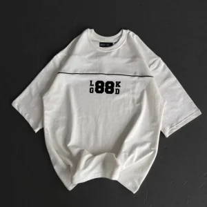 Alternative view of Unisex Bisiklet Yaka Baskılı Oversize T-Shirt - Beyaz