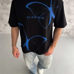 Alternative view of Unisex Bisiklet Yaka Baskılı Oversize T-Shirt - Siyah