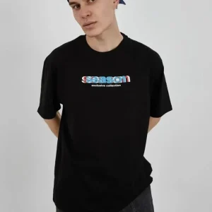 Unisex Bisiklet Yaka Baskılı Oversize T-Shirt - Siyah