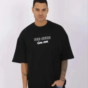 Alternative view of Unisex Bisiklet Yaka Baskılı Oversize T-Shirt - Siyah