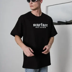 Alternative view of Unisex Bisiklet Yaka Baskılı Oversize T-Shirt - Siyah