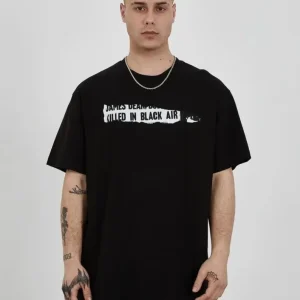 Alternative view of Unisex Bisiklet Yaka Baskılı Oversize T-Shirt - Siyah