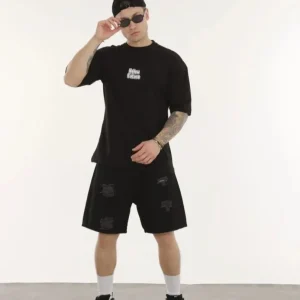 Alternative view of Unisex Bisiklet Yaka Baskılı Oversize T-Shirt - Siyah