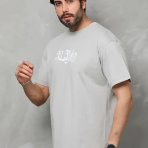 Unisex Bisiklet Yaka Baskılı Oversize T-Shirt - Gri