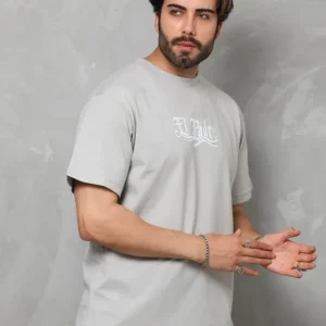Alternative view of Unisex Bisiklet Yaka Baskılı Oversize T-Shirt - Gri