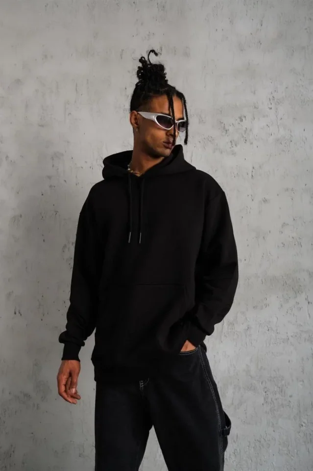 3 İplik Kapşonlu Sweatshirt Hoodie - Siyah - Görsel 2