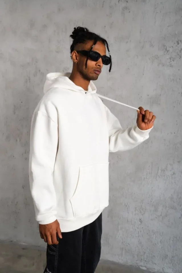 3 İplik Kapşonlu Sweatshirt Hoodie - Beyaz - Görsel 5