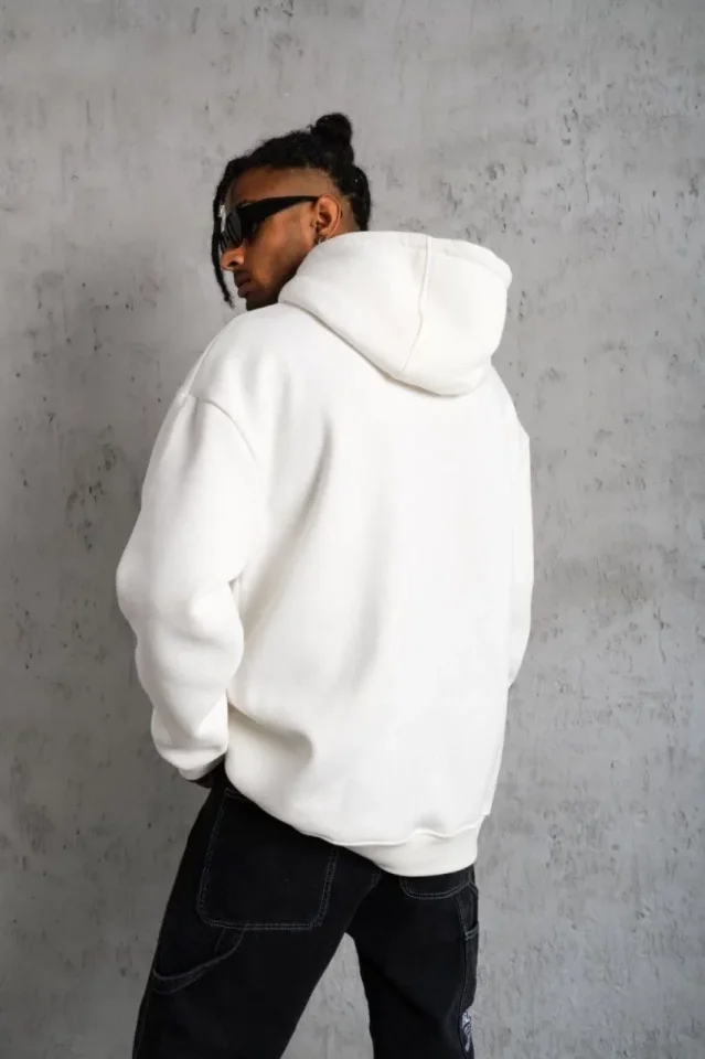 3 İplik Kapşonlu Sweatshirt Hoodie - Beyaz - Görsel 2