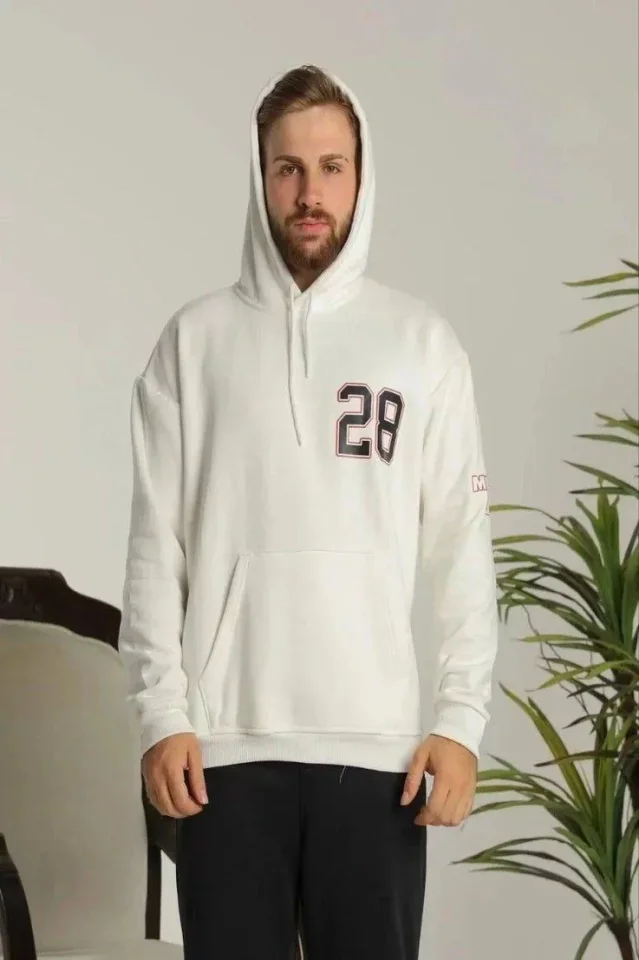 Unisex Kapşonlu Baskılı Sweetshirt - Beyaz - Görsel 2
