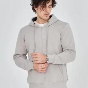 Unisex Tam Fermuarlı Kapşonlu  SweatShirt - Boyalı Gri