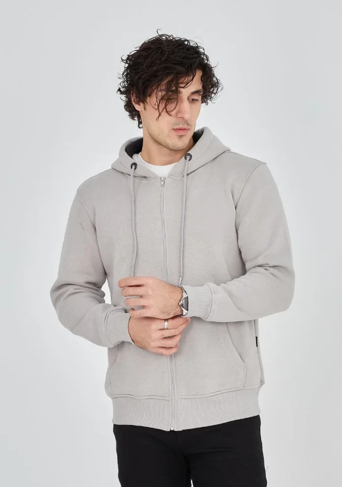 Unisex Tam Fermuarlı Kapşonlu SweatShirt - Boyalı Gri