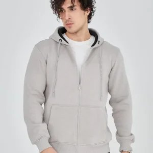 Alternative view of Unisex Tam Fermuarlı Kapşonlu  SweatShirt - Boyalı Gri