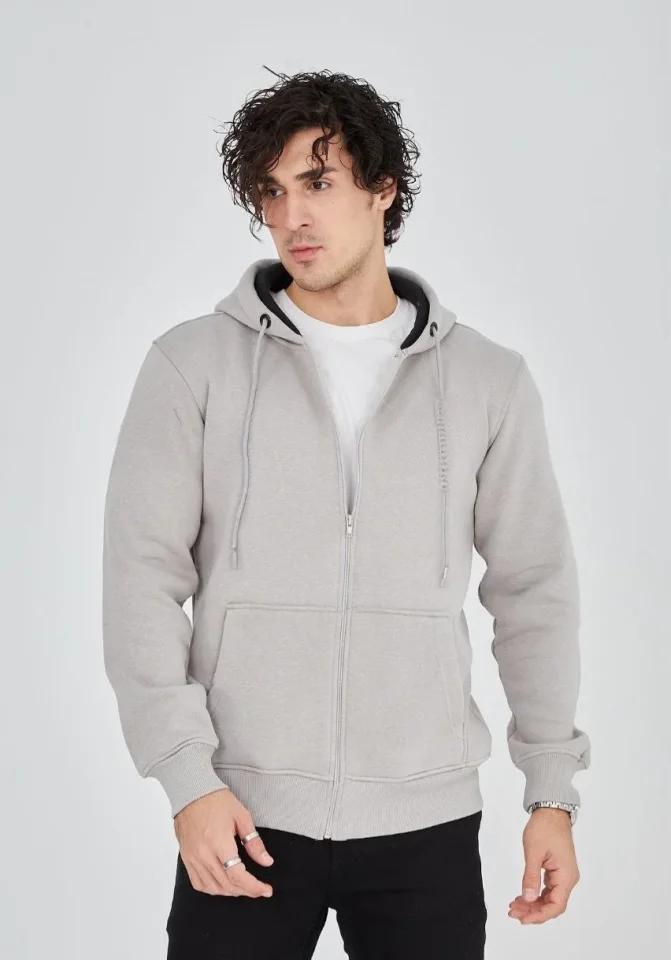 Unisex Tam Fermuarlı Kapşonlu SweatShirt - Boyalı Gri - Görsel 2