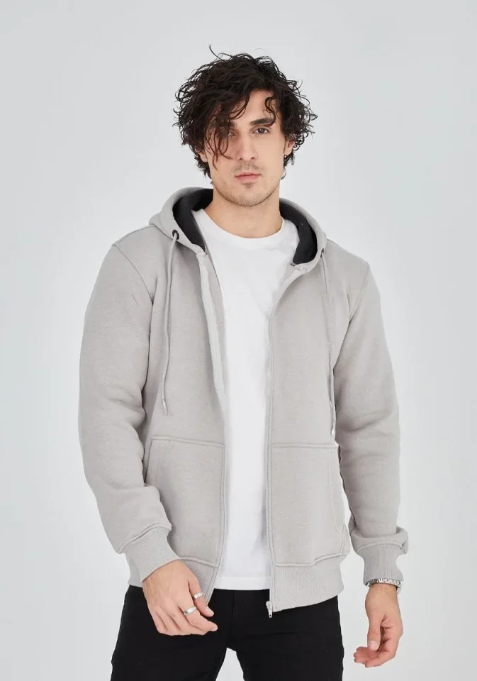 Unisex Tam Fermuarlı Kapşonlu SweatShirt - Boyalı Gri - Görsel 3
