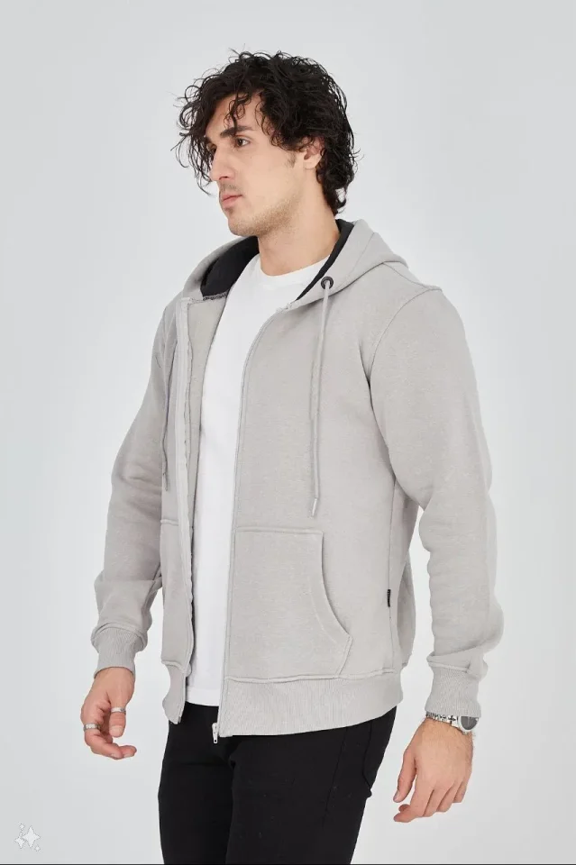 Unisex Tam Fermuarlı Kapşonlu SweatShirt - Boyalı Gri - Görsel 4