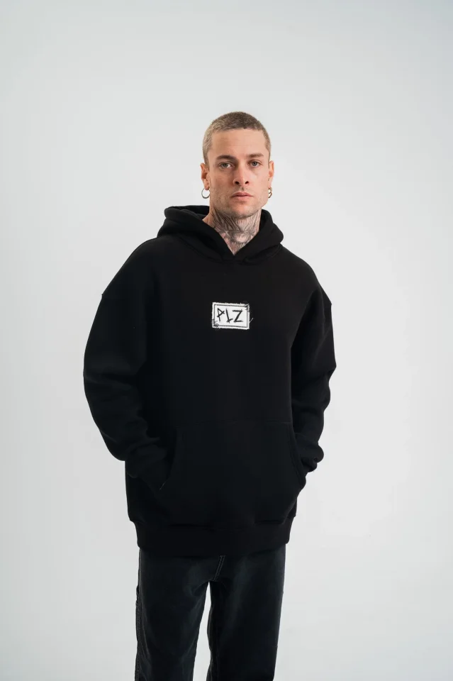 Unisex Kapşonlu Uzun Kol Patchli Nakışlı SweatShirt - Siyah - Görsel 5