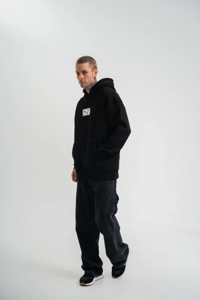Unisex Kapşonlu Uzun Kol Patchli Nakışlı SweatShirt - Siyah - Görsel 2