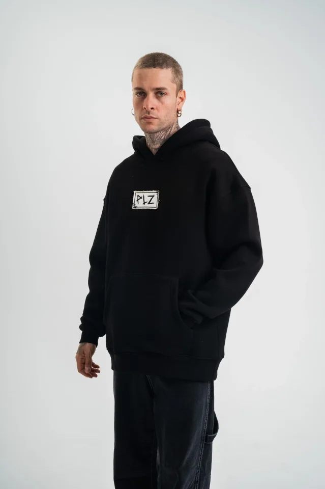 Unisex Kapşonlu Uzun Kol Patchli Nakışlı SweatShirt - Siyah - Görsel 4