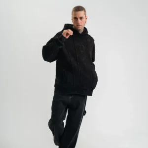 Alternative view of Unisex Uzun Kol Kapşonlu Yıkamalı Nakışlı SweatShirt - Siyah
