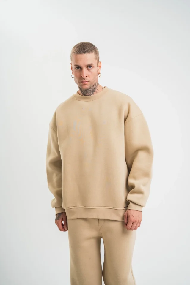 Uzun Kol Bisiklet Yaka Basic SweatShirt - Bej - Görsel 5
