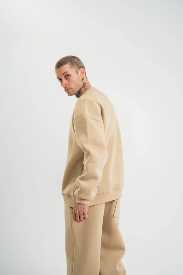 Uzun Kol Bisiklet Yaka Basic SweatShirt - Bej - Görsel 4