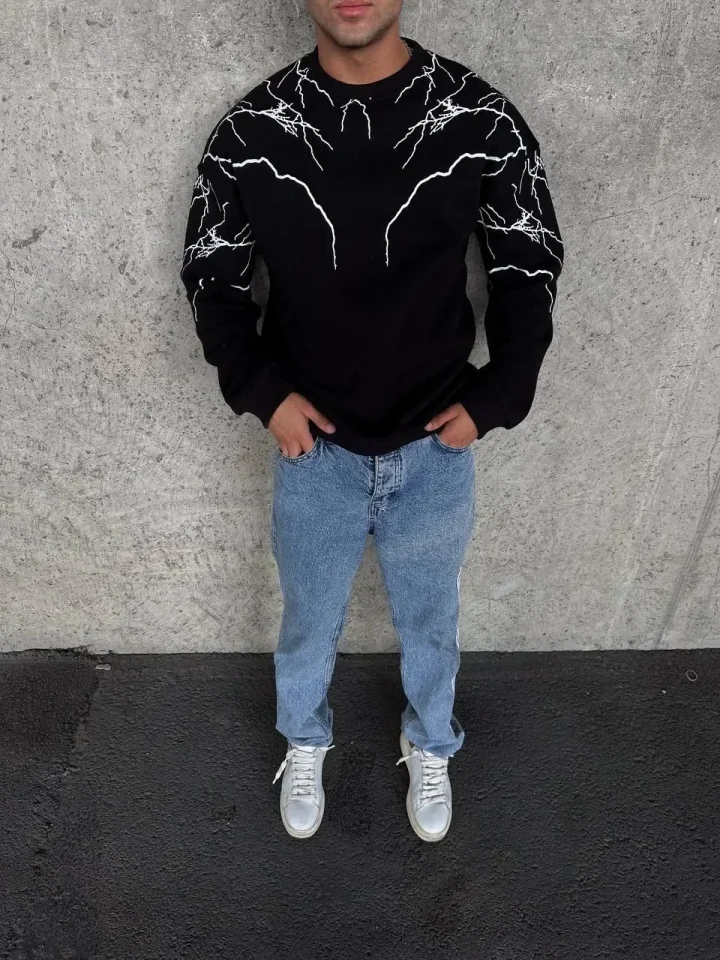 Yıldırım Baskılı Bisiklet Yaka SweatShirt - Siyah - Görsel 4