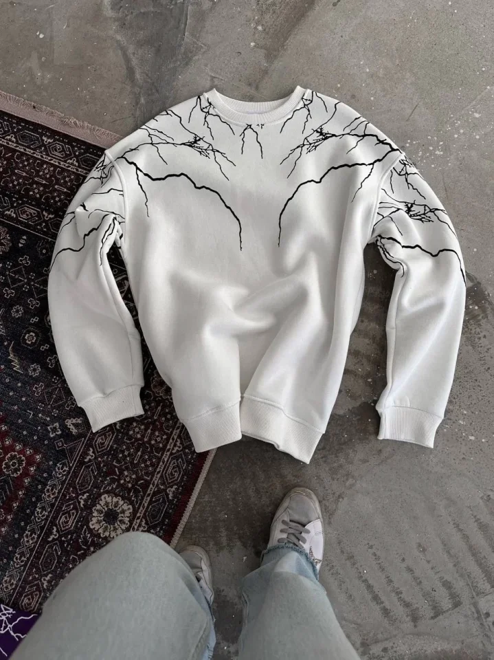 Yıldırım Baskılı Bisiklet Yaka SweatShirt - Beyaz - Görsel 3