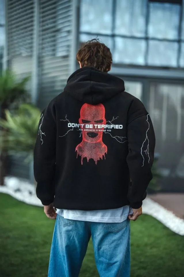 Üç İplik Kapüşonlu Baskılı Oversize SweatShirt- Siyah - Görsel 4