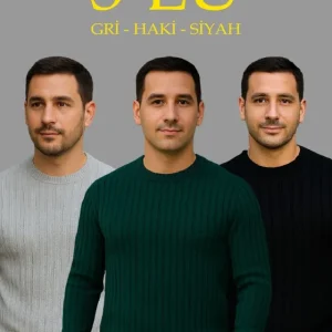 Erkek Fitilli Triko Kazak 3lü Set Gri Haki Siyah Regular Fit Bisiklet Yaka Triko Seti Modeli Kazak