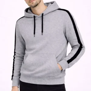 Erkek Şeritli Kapüşonlu Sweatshirt Oversize 3 Iplik Pamuklu - Gri